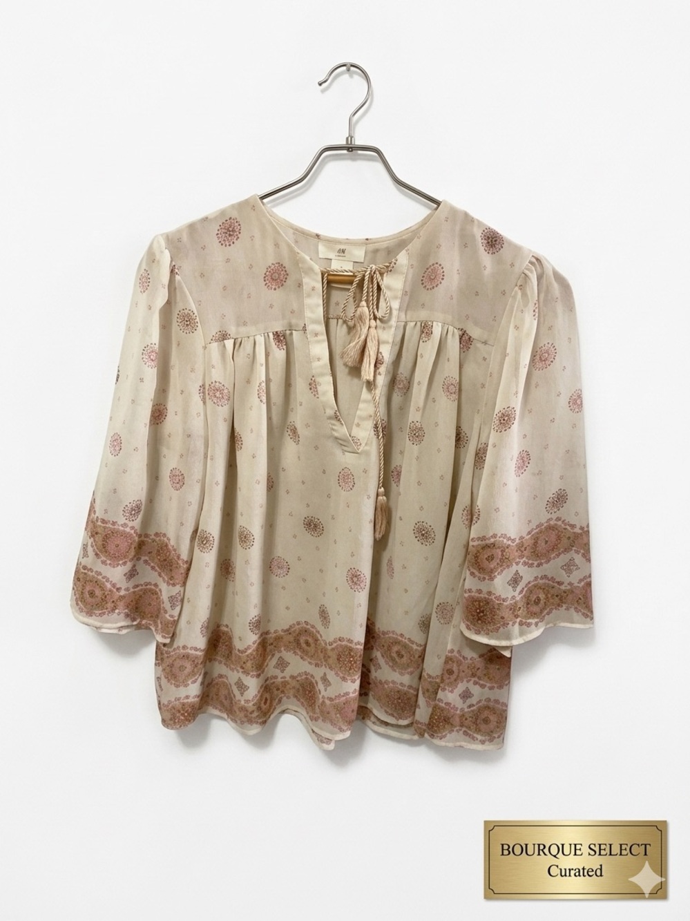 Y2K H&M L.O.G.G. Tassel Tie Poet Sleeve Top | Pink & Cream Mandala | Size 6 EUC